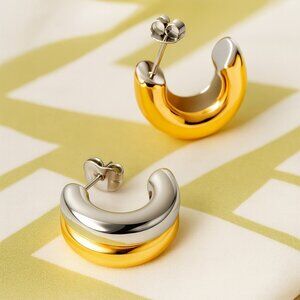 🆕Modern Dual-Tone Chunky Hoops 18K Gold Plated Stainless Steel Trendy Earrings